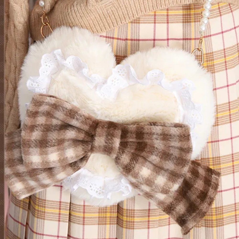 Heart Love Bow Plush Lolita Shoulder Bag | Women Fleece Ruffle Crossbody Bag